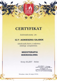 Certyfikat ELZET Hebe - mezoterapia mikroigłowa