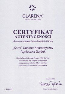 Certyfikat autentyczności autoryzowanego salonu sprzedaży CLARENA
